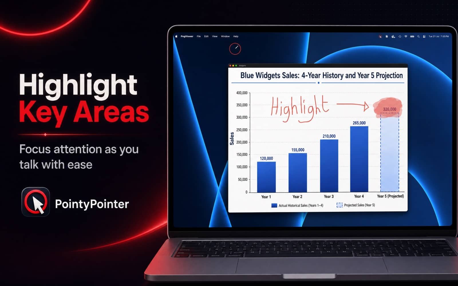 PointyPointer highlighting a key area of a chart during a presentation