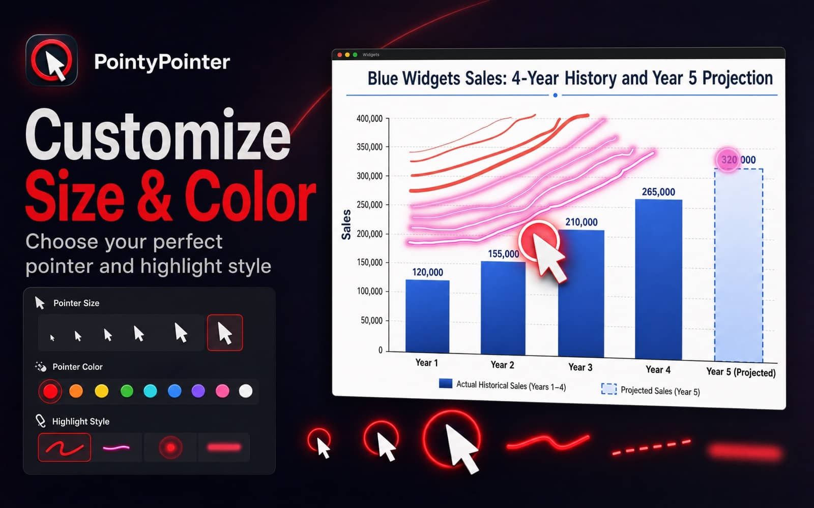 PointyPointer settings for pointer size, colour and highlight style